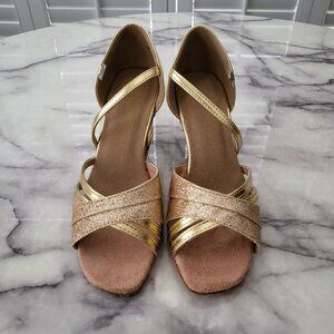 Very Fine Dancesport Women 4.5 Ballroom Salsa Gold Stardust/ Leather 6030 New
